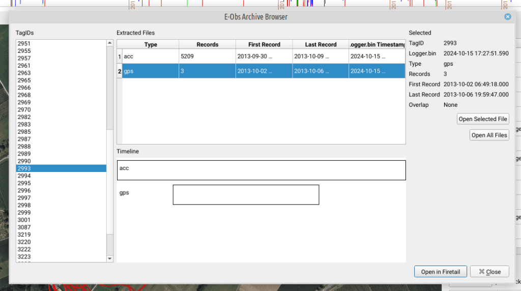Firetail's e-obs archive browser listing logger.bin files with tags and time ranges