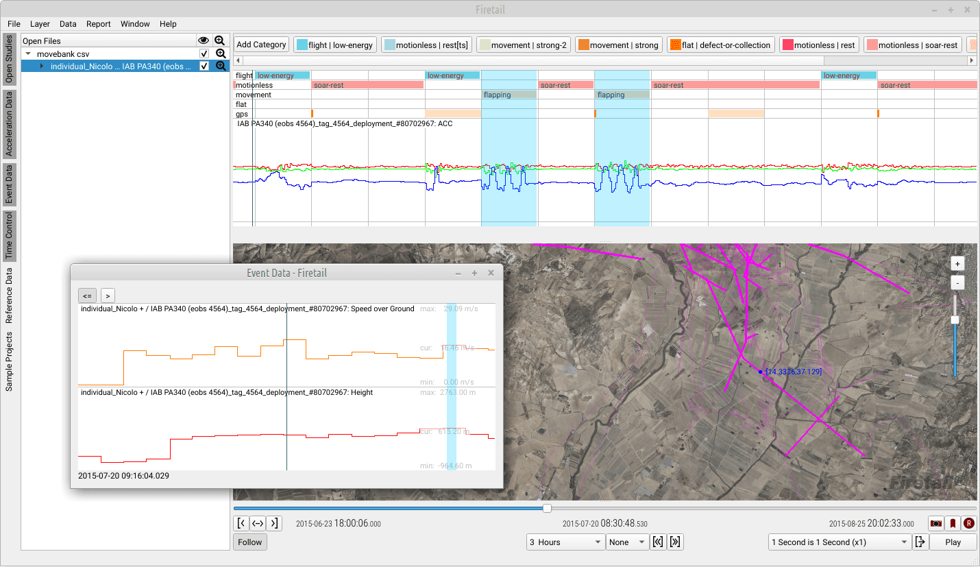 Behaviour categories such as flight, rest and flapping shown as annotation layers above tri-axial acceleration data, with the GPS track on the map