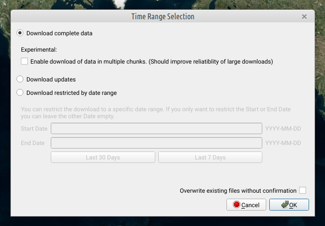 Time range selection: complete data, updates or a date range, with chunked downloads